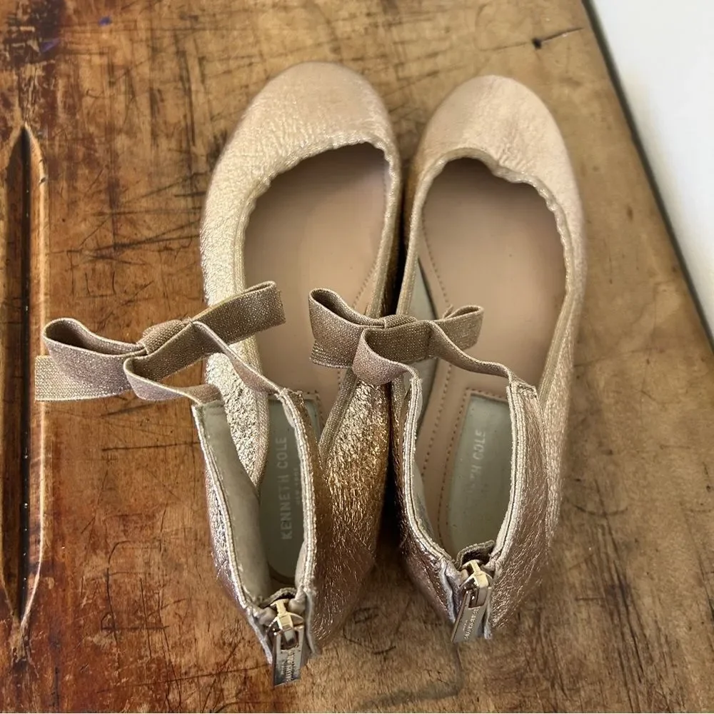 Kenneth Cole Rose Gold Metallic Ankle Strap Flats Shoes Bow Detail Girls 4.5